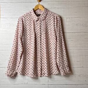 Talbots Blouse Womens Size Large Pink & Black Butterfly Bird Pintuck Peter Pan